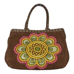 Isabelle Fiore Beaded Woven Shoulder Bag Brown Flower Rivets Pink Yellow